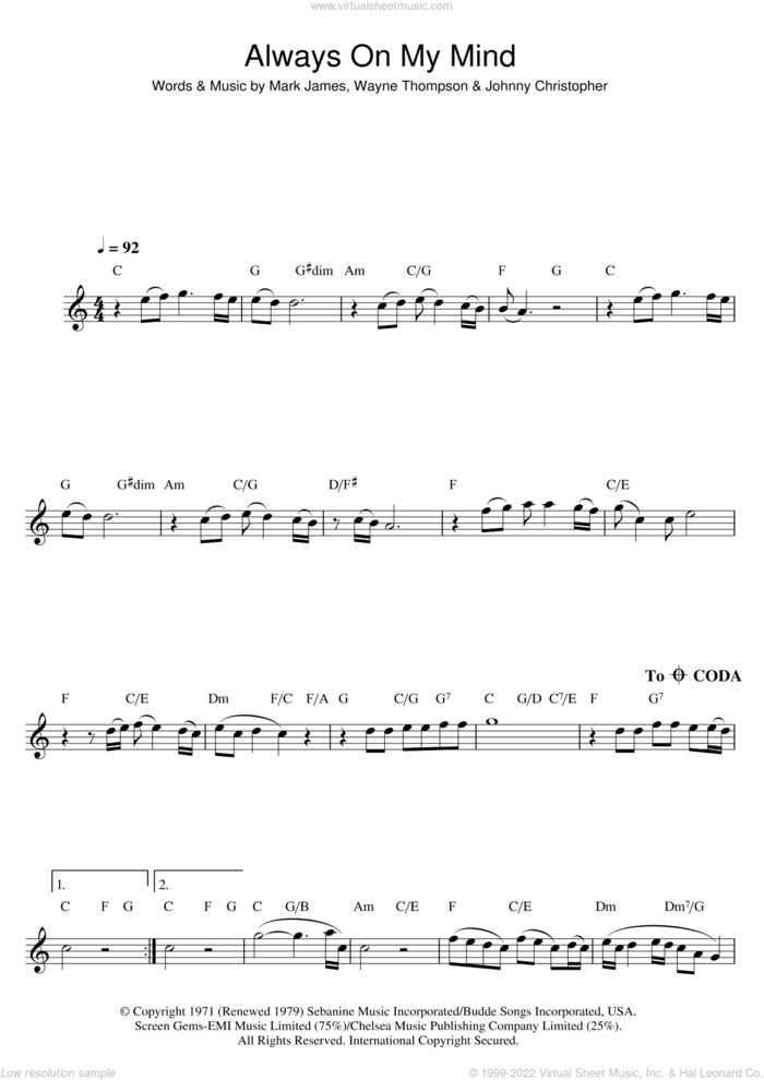 Always On My Mind sheet music for flute solo by Elvis Presley, Johnny Christopher, Mark James and Wayne Thompson, intermediate skill level