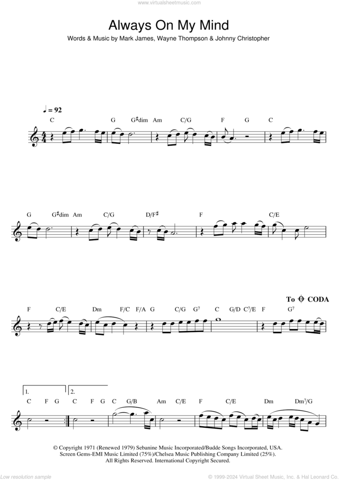 Always On My Mind sheet music for flute solo by Elvis Presley, Johnny Christopher, Mark James and Wayne Thompson, intermediate skill level