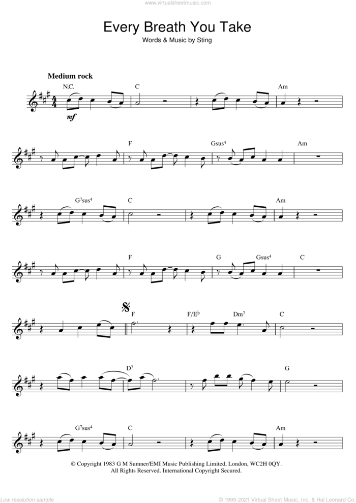 Every Breath You Take sheet music for saxophone solo by The Police and Sting, intermediate skill level