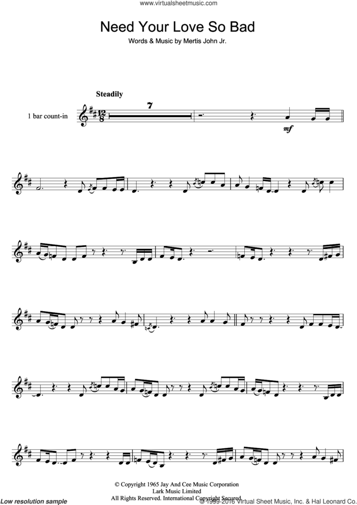 Need Your Love So Bad sheet music for trumpet solo by Fleetwood Mac and Mertis John Jr., intermediate skill level