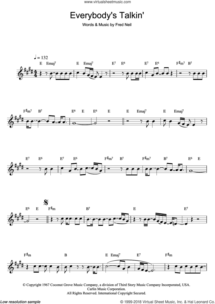Everybody's Talkin' sheet music for flute solo by Nilsson and Fred Neil, intermediate skill level