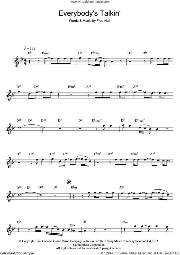 Everybody's Talkin' sheet music for saxophone solo by Nilsson and Fred Neil, intermediate skill level