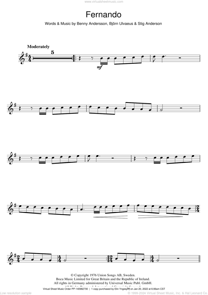 Fernando sheet music for flute solo by ABBA, Benny Andersson, Bjorn Ulvaeus and Stig Anderson, intermediate skill level