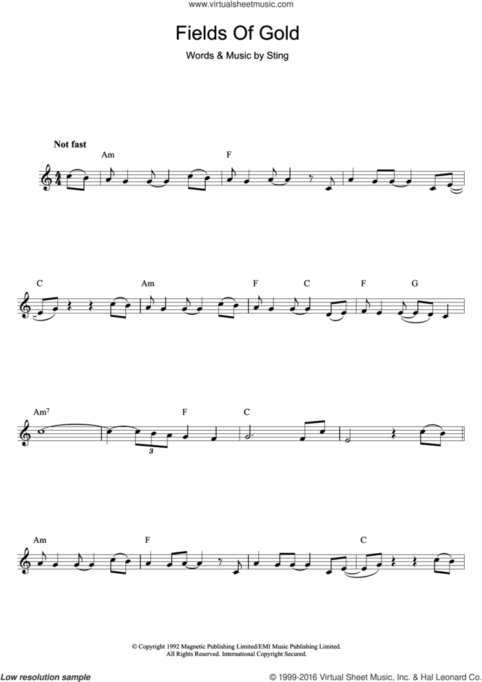 Fields Of Gold sheet music for clarinet solo by Sting, intermediate skill level