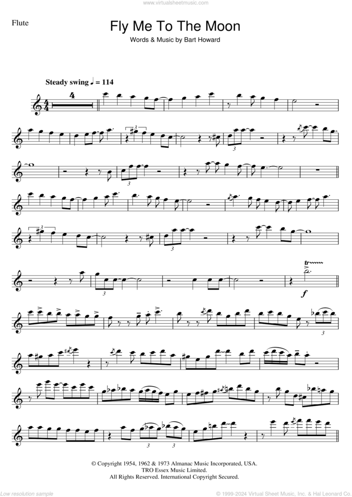 Fly Me To The Moon (In Other Words) sheet music for flute solo by Julie London and Bart Howard, wedding score, intermediate skill level