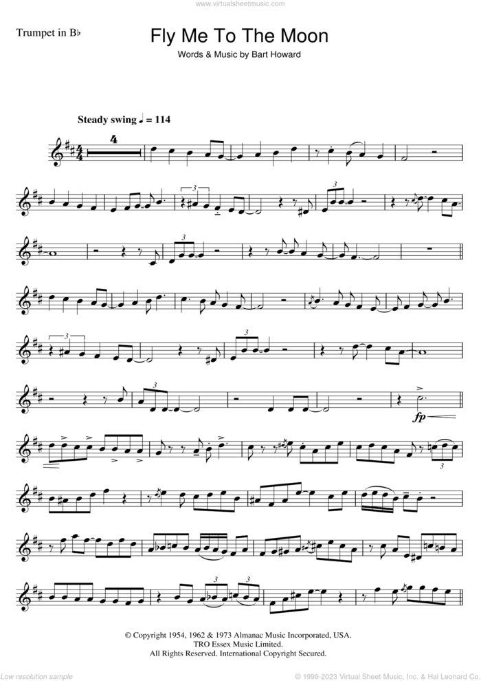 Fly Me To The Moon (In Other Words) sheet music for trumpet solo by Julie London and Bart Howard, wedding score, intermediate skill level