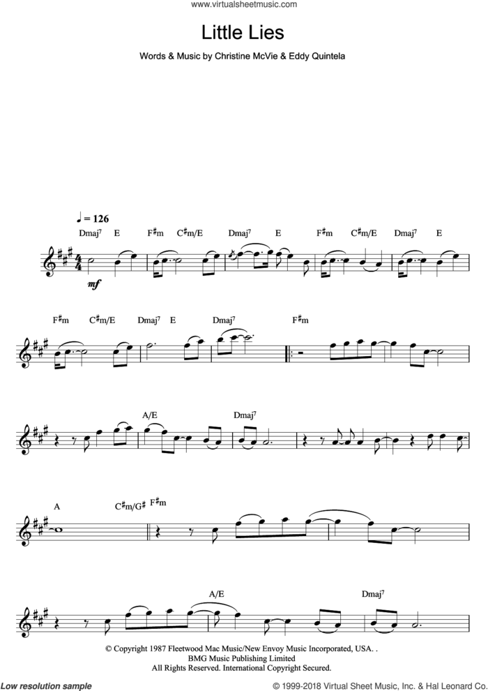 Little Lies sheet music for flute solo by Fleetwood Mac, Christine McVie and Eddy Quintela, intermediate skill level