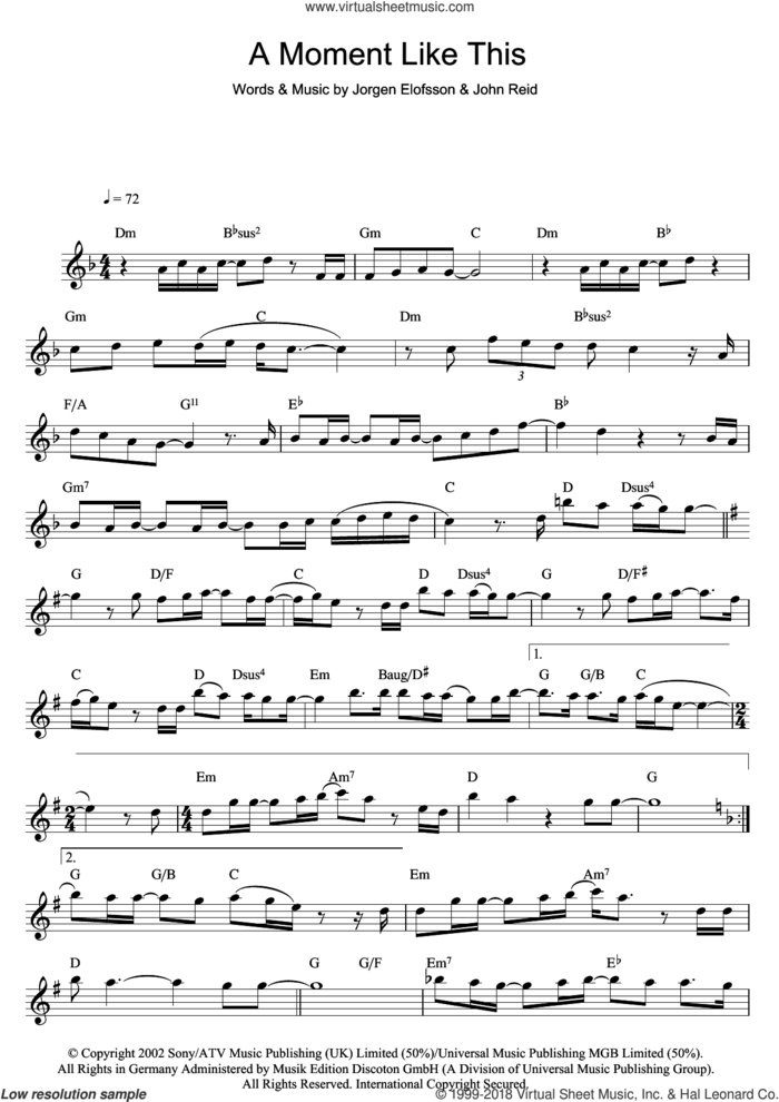 A Moment Like This sheet music for flute solo by Leona Lewis, John Reid and Jorgen Elofsson, intermediate skill level