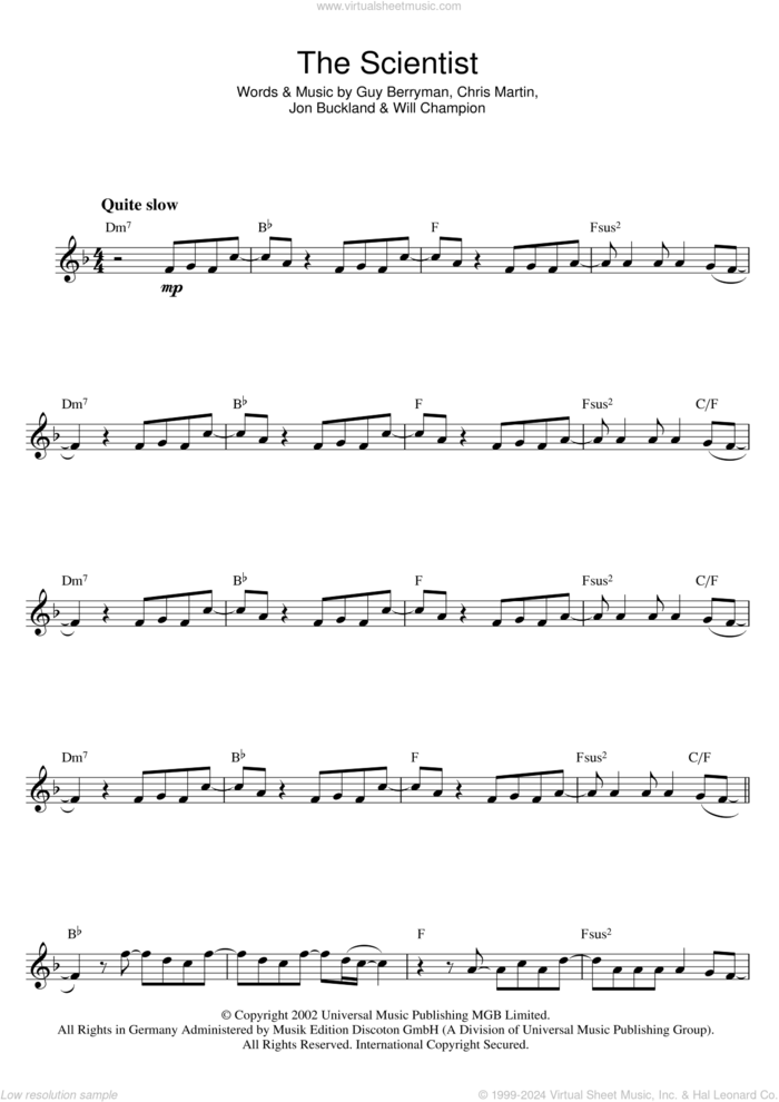 The Scientist sheet music for flute solo by Coldplay, Chris Martin, Guy Berryman, Jonny Buckland and Will Champion, intermediate skill level