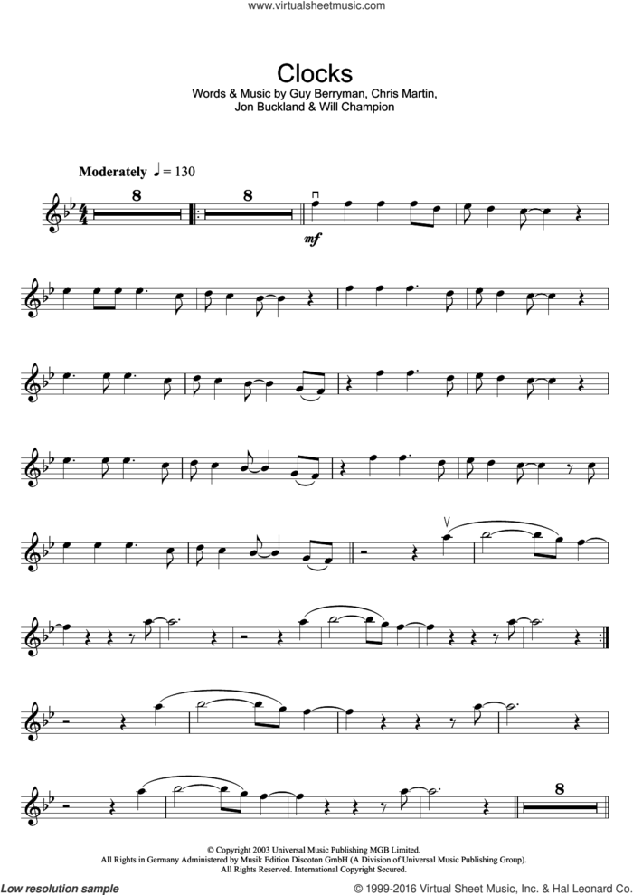Clocks sheet music for violin solo by Coldplay, Chris Martin, Guy Berryman, Jonny Buckland and Will Champion, intermediate skill level