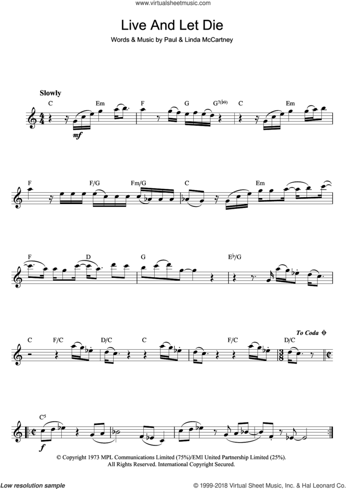 Live And Let Die (theme from the James Bond film) sheet music for flute solo by Wings, Linda McCartney and Paul McCartney, intermediate skill level
