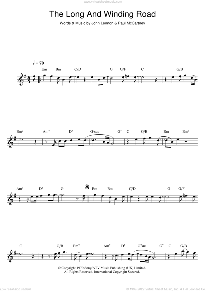 The Long And Winding Road sheet music for flute solo by The Beatles, John Lennon and Paul McCartney, intermediate skill level
