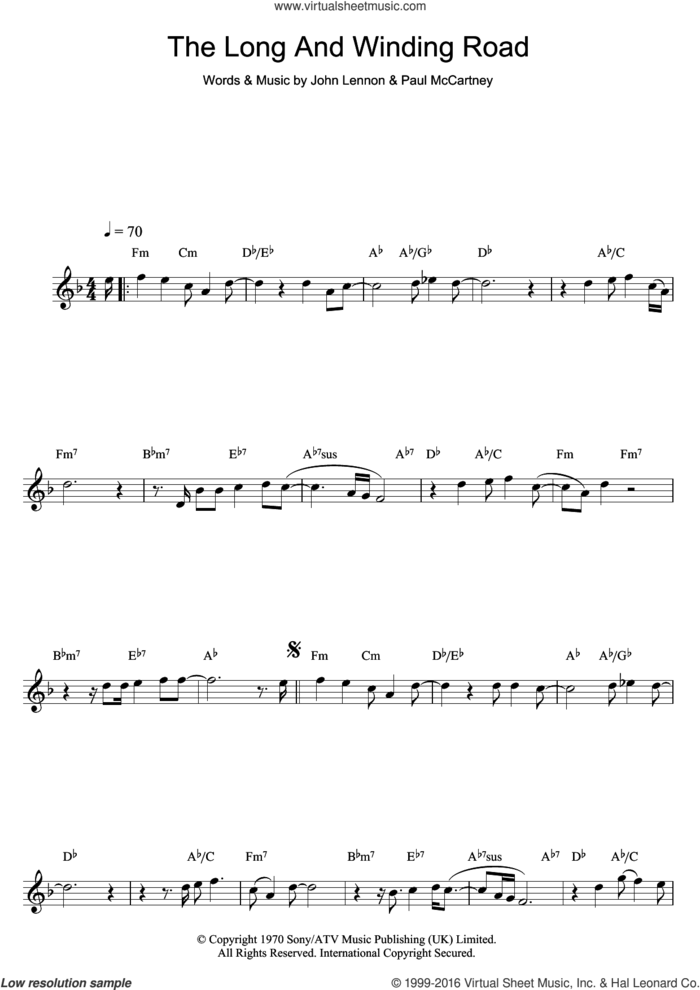 The Long And Winding Road sheet music for saxophone solo by The Beatles, John Lennon and Paul McCartney, intermediate skill level