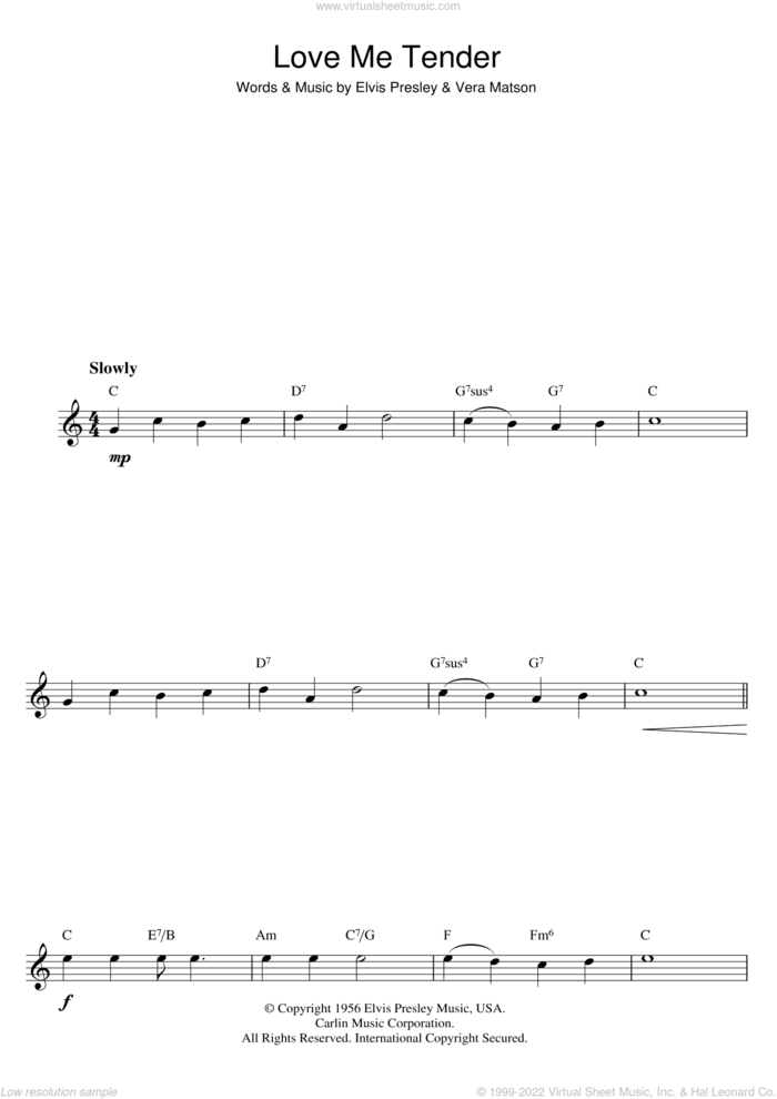Love Me Tender sheet music for flute solo by Elvis Presley and Vera Matson, wedding score, intermediate skill level