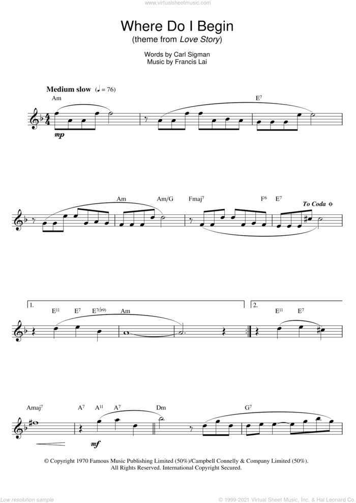 Where Do I Begin (theme from Love Story) sheet music for flute solo by Andy Williams, Carl Sigman and Francis Lai, intermediate skill level