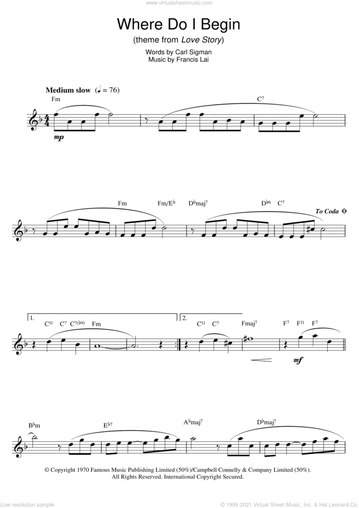 Where Do I Begin (theme from Love Story) sheet music for saxophone solo by Andy Williams, Carl Sigman and Francis Lai, intermediate skill level