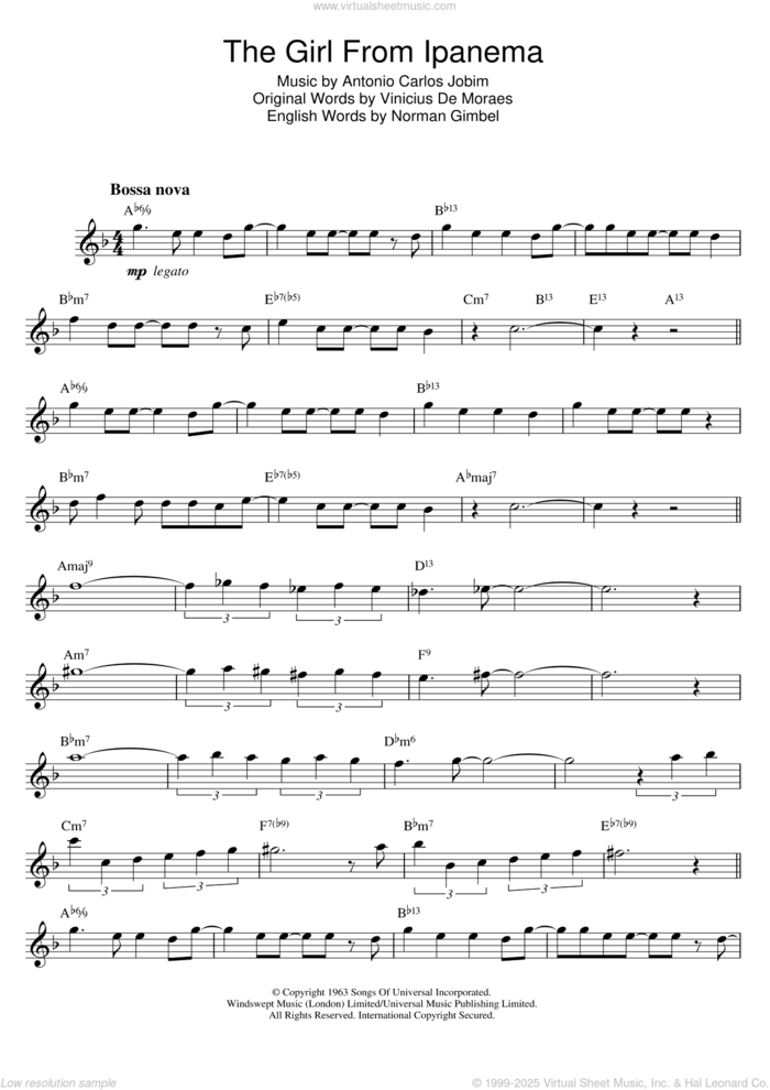 The Girl From Ipanema (Garota De Ipanema) sheet music for saxophone solo by Antonio Carlos Jobim, Norman Gimbel and Vinicius de Moraes, intermediate skill level