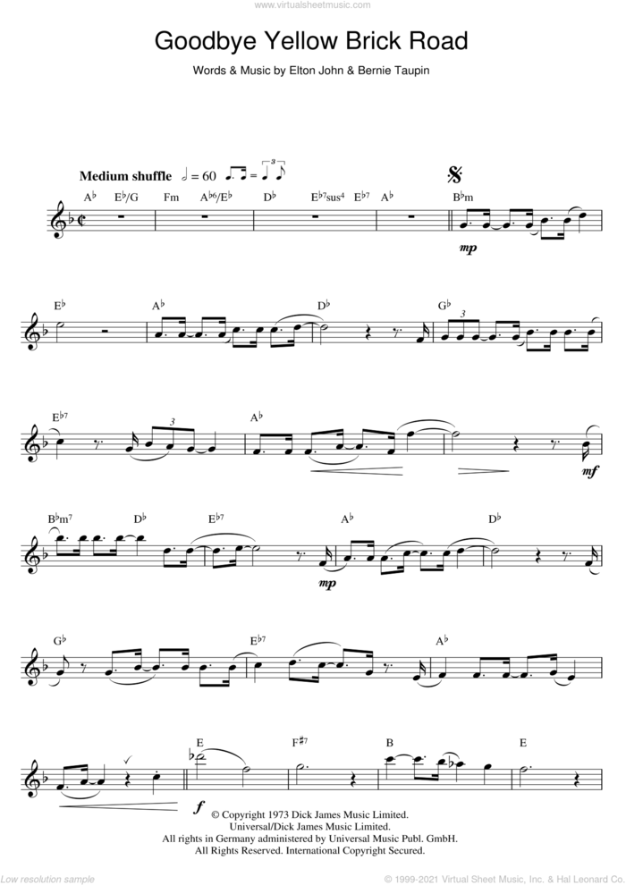 Goodbye Yellow Brick Road sheet music for saxophone solo by Elton John and Bernie Taupin, intermediate skill level