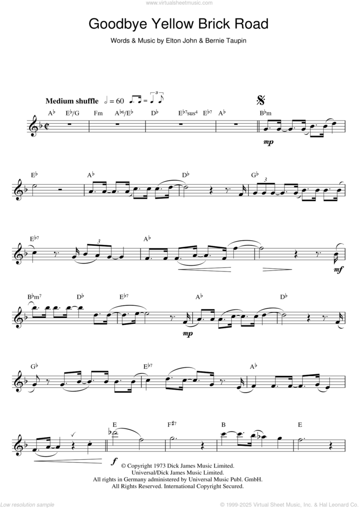 Goodbye Yellow Brick Road sheet music for saxophone solo by Elton John and Bernie Taupin, intermediate skill level