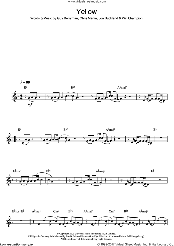 Yellow sheet music for clarinet solo by Coldplay, Chris Martin, Guy Berryman, Jonny Buckland and Will Champion, intermediate skill level