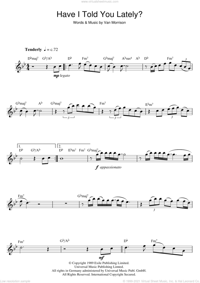 Have I Told You Lately sheet music for saxophone solo by Van Morrison, intermediate skill level