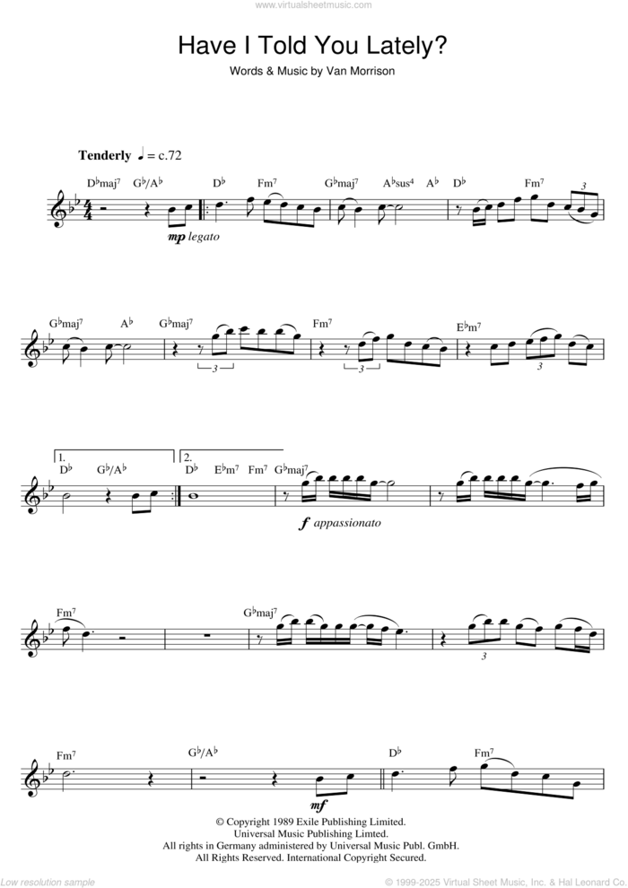 Have I Told You Lately sheet music for saxophone solo by Van Morrison, intermediate skill level