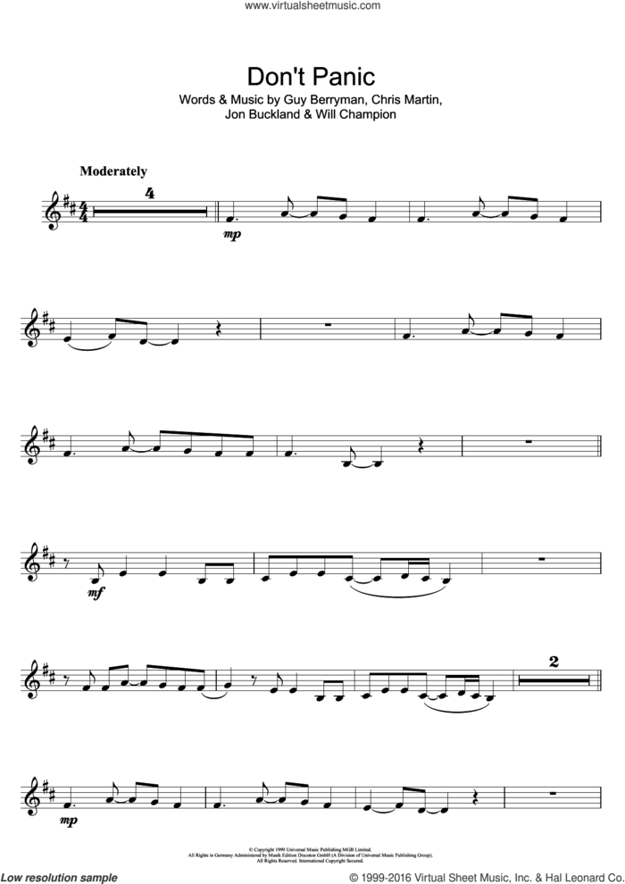 Don't Panic sheet music for clarinet solo by Coldplay, Chris Martin, Guy Berryman, Jonny Buckland and Will Champion, intermediate skill level
