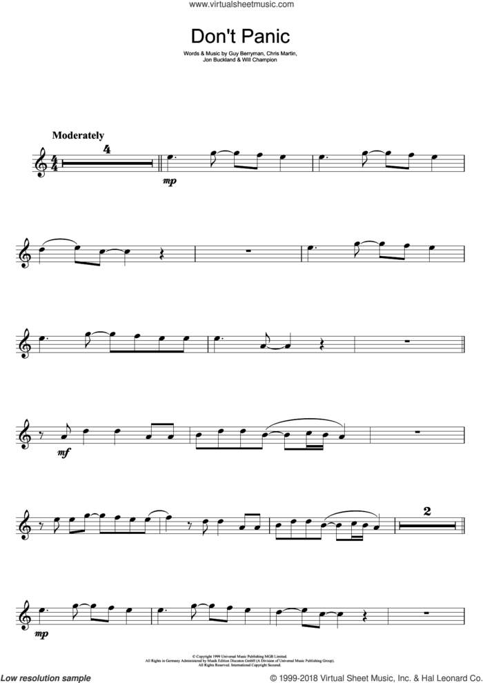 Don't Panic sheet music for flute solo by Coldplay, Chris Martin, Guy Berryman, Jonny Buckland and Will Champion, intermediate skill level