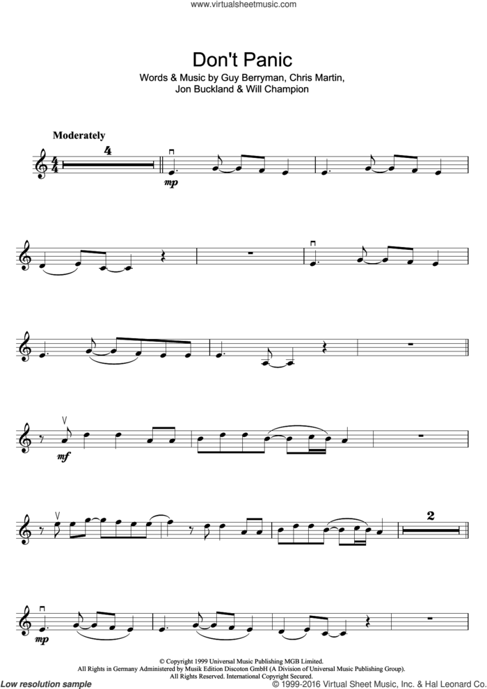 Don't Panic sheet music for violin solo by Coldplay, Chris Martin, Guy Berryman, Jonny Buckland and Will Champion, intermediate skill level