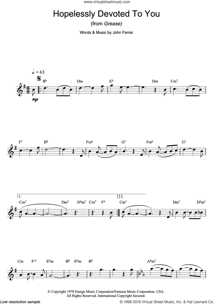 Hopelessly Devoted To You (from Grease) sheet music for saxophone solo by Olivia Newton-John and John Farrar, intermediate skill level