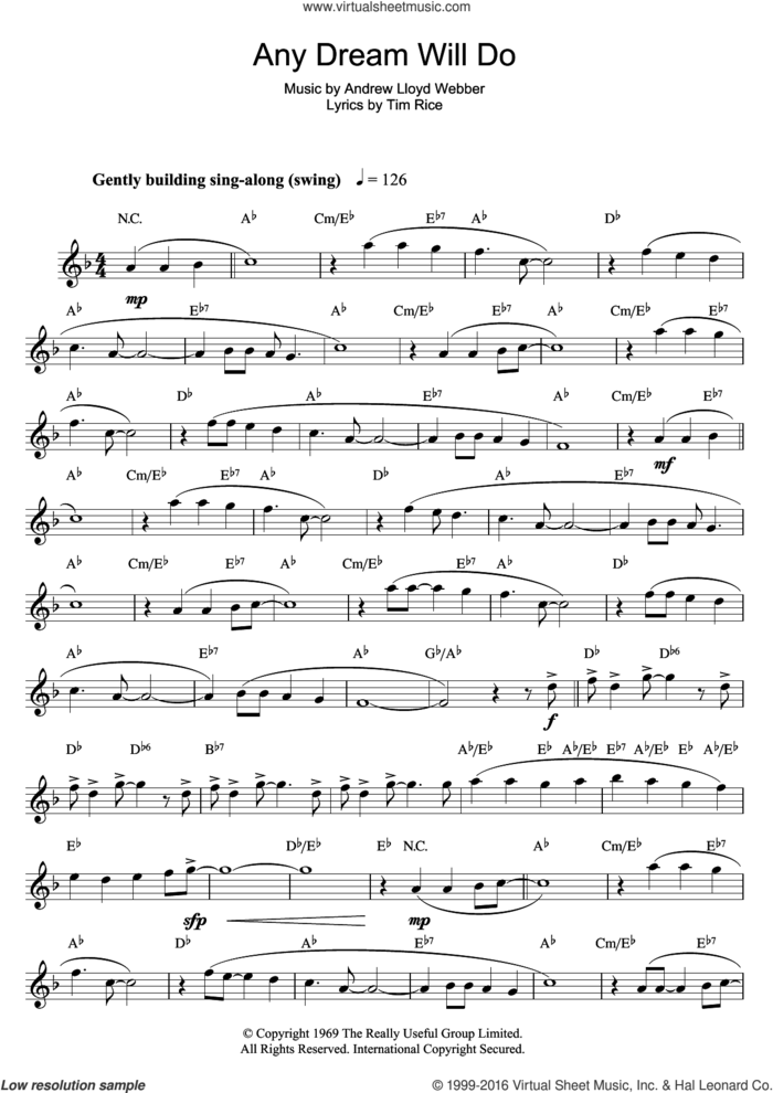 Any Dream Will Do (from Joseph And The Amazing Technicolor Dreamcoat) sheet music for saxophone solo by Andrew Lloyd Webber and Tim Rice, intermediate skill level