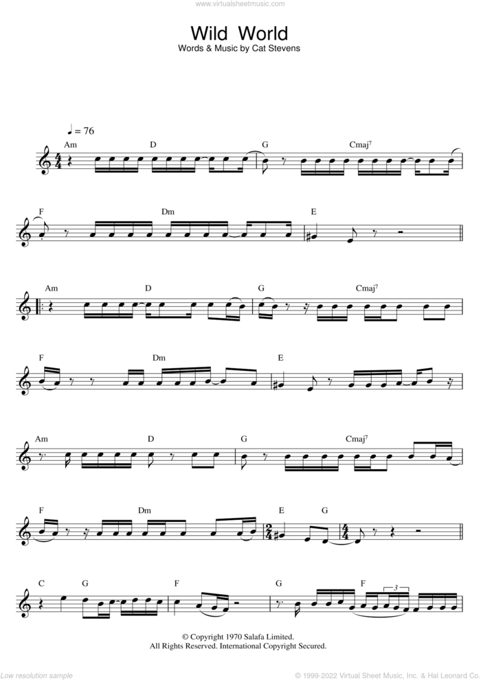 Wild World sheet music for flute solo by Cat Stevens, intermediate skill level