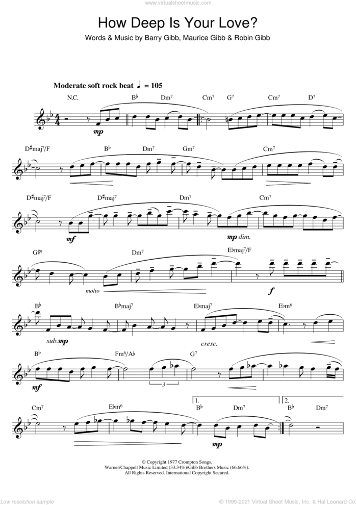 How Deep Is Your Love sheet music for saxophone solo by Bee Gees, Barry Gibb, Maurice Gibb and Robin Gibb, intermediate skill level