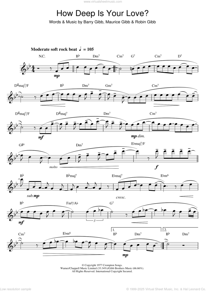 How Deep Is Your Love sheet music for saxophone solo by Bee Gees, Barry Gibb, Maurice Gibb and Robin Gibb, intermediate skill level