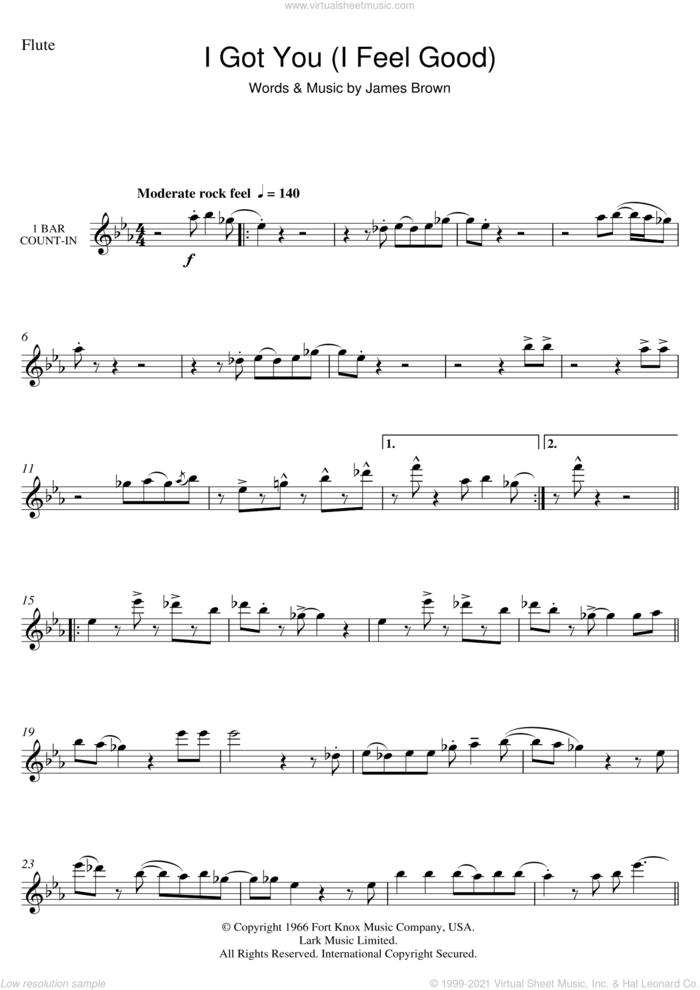 I Got You (I Feel Good) sheet music for flute solo by James Brown, intermediate skill level