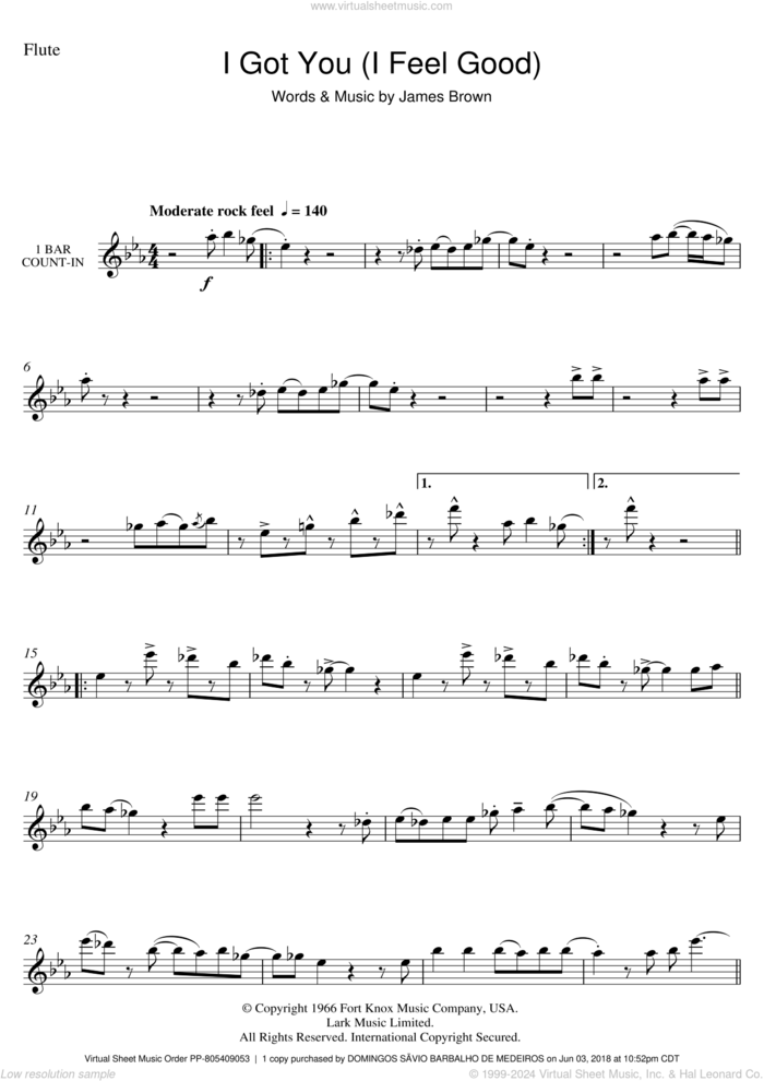 I Got You (I Feel Good) sheet music for flute solo by James Brown, intermediate skill level