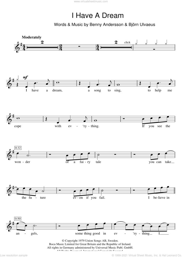 I Have A Dream sheet music for flute solo by ABBA, Benny Andersson and Bjorn Ulvaeus, intermediate skill level