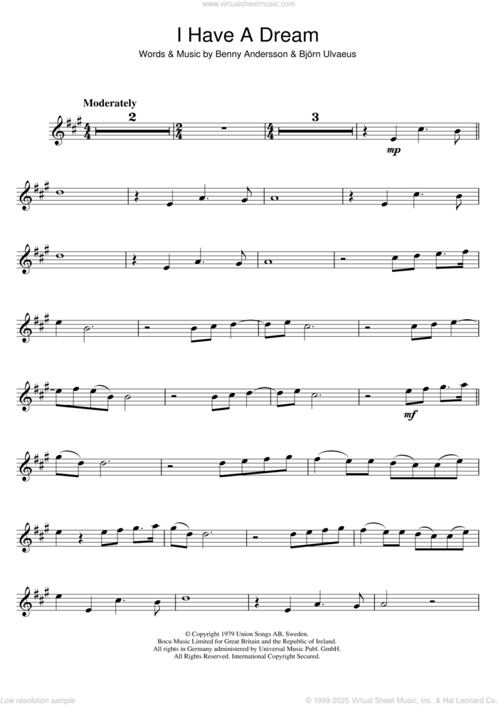 I Have A Dream sheet music for trumpet solo by ABBA, Benny Andersson and Bjorn Ulvaeus, intermediate skill level