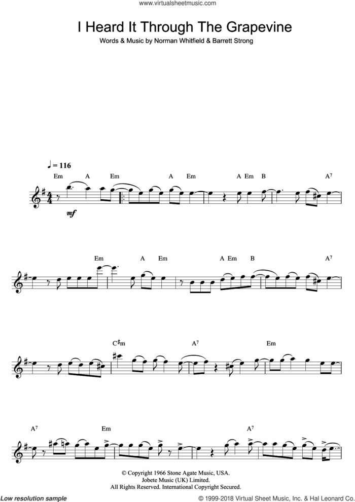 I Heard It Through The Grapevine sheet music for flute solo by Marvin Gaye, Barrett Strong and Norman Whitfield, intermediate skill level