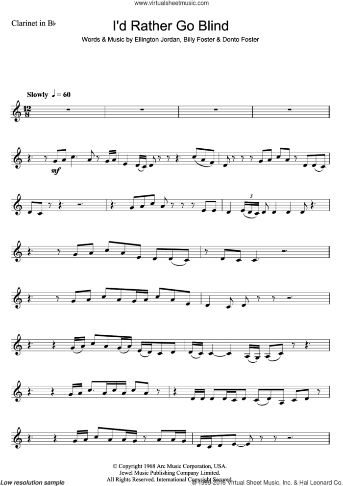 I'd Rather Go Blind sheet music for clarinet solo by Etta James, Billy Foster, Donto Foster and Ellington Jordan, intermediate skill level