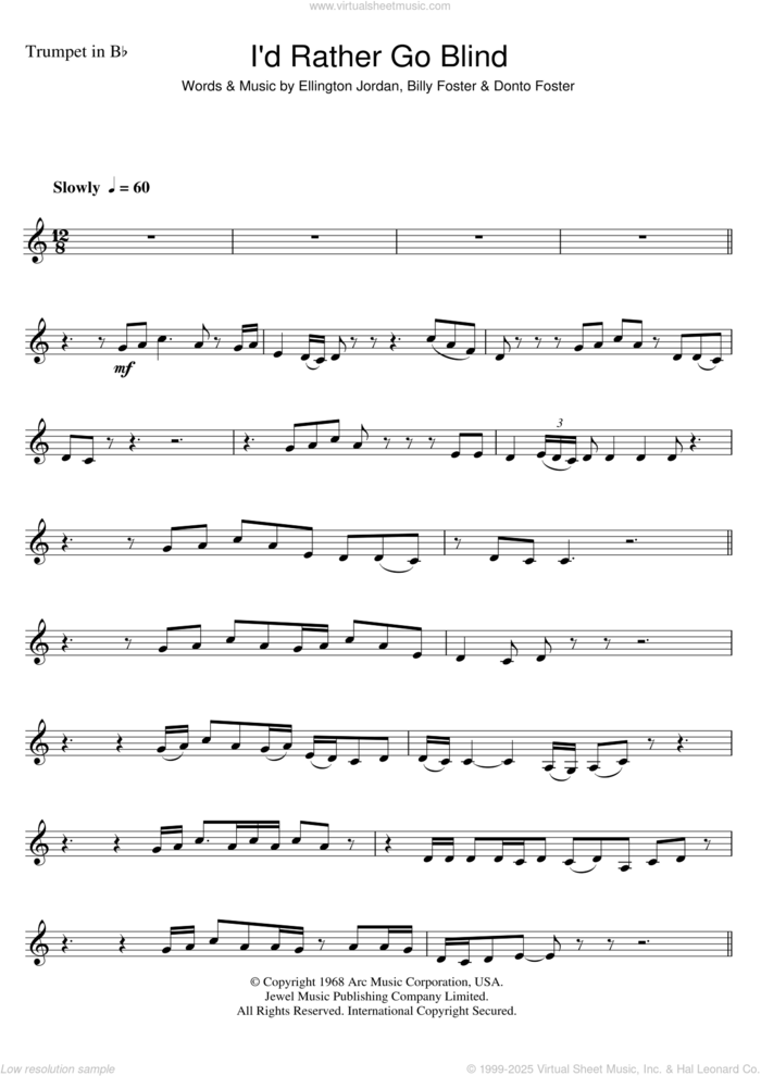 I'd Rather Go Blind sheet music for trumpet solo by Etta James, Billy Foster, Donto Foster and Ellington Jordan, intermediate skill level