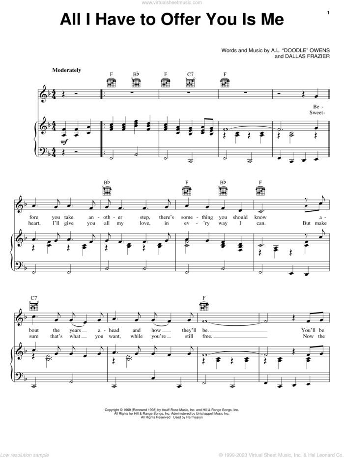 All I Have To Offer You Is Me sheet music for voice, piano or guitar by Charley Pride, A.L. 'Doodle' Owens and Dallas Frazier, intermediate skill level
