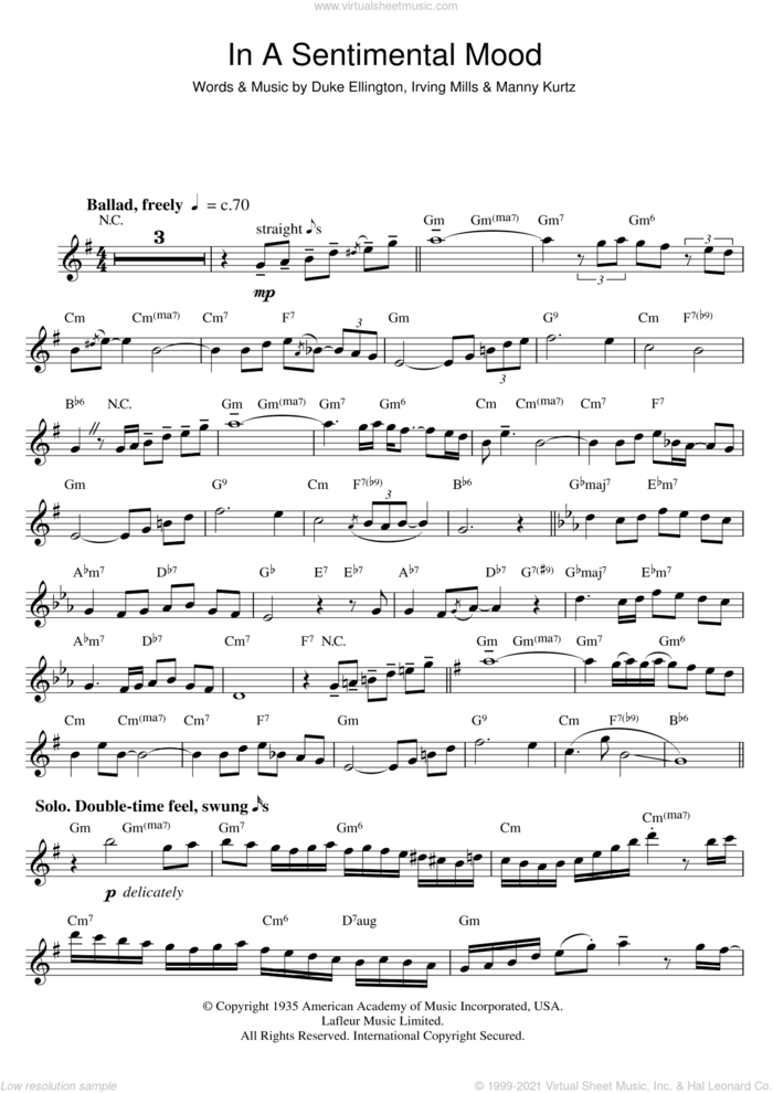 In A Sentimental Mood sheet music for saxophone solo by Duke Ellington, Irving Mills and Manny Kurtz, intermediate skill level
