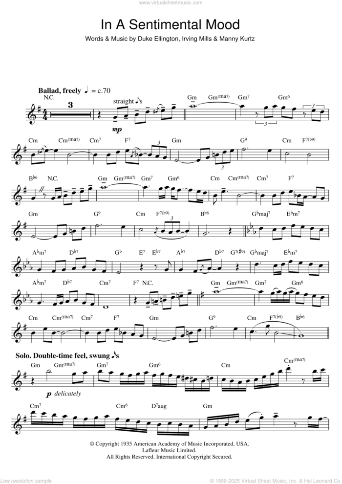 In A Sentimental Mood sheet music for saxophone solo by Duke Ellington, Irving Mills and Manny Kurtz, intermediate skill level