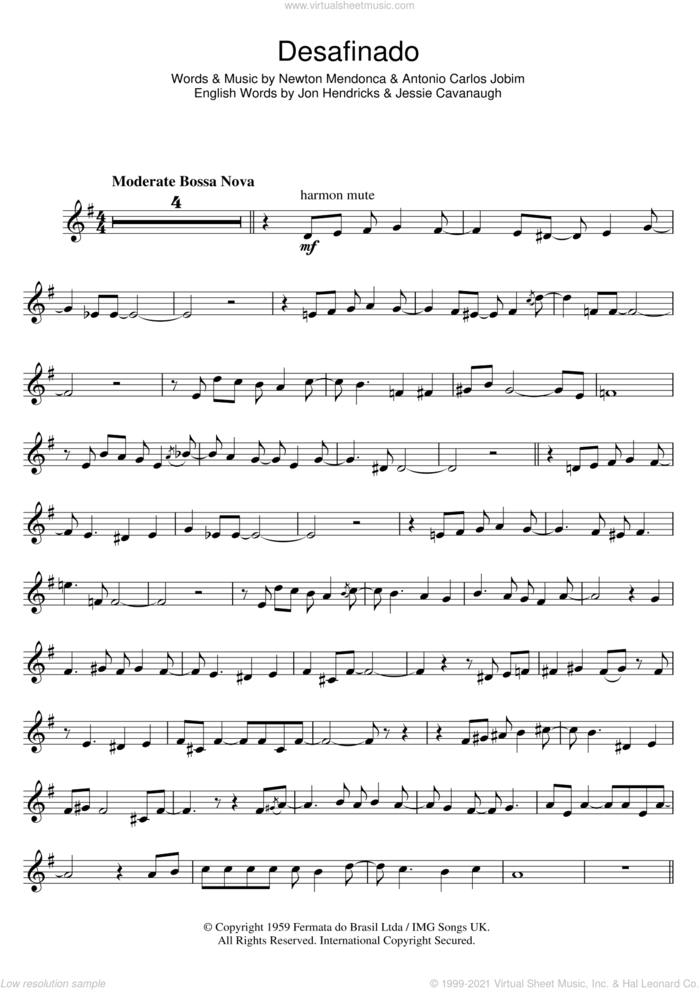 Desafinado (Slightly Out Of Tune) sheet music for trumpet solo by Antonio Carlos Jobim, Jessie Cavanaugh, Jon Hendricks and Newton Mendonca, intermediate skill level