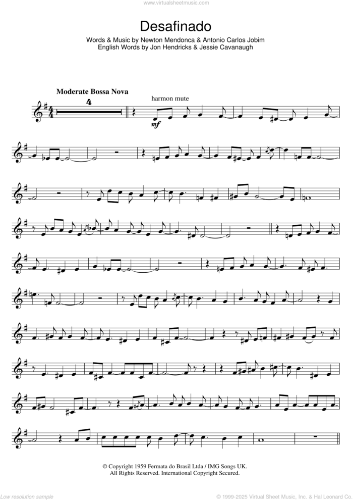 Desafinado (Slightly Out Of Tune) sheet music for trumpet solo by Antonio Carlos Jobim, Jessie Cavanaugh, Jon Hendricks and Newton Mendonca, intermediate skill level