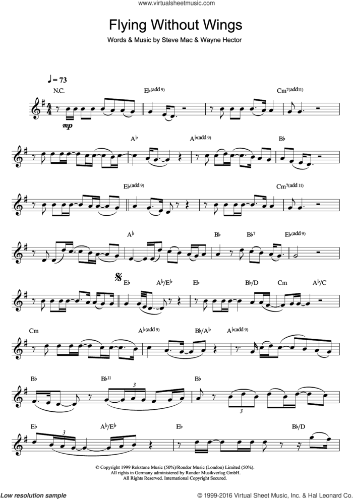Flying Without Wings sheet music for clarinet solo by Westlife, Steve Mac and Wayne Hector, intermediate skill level