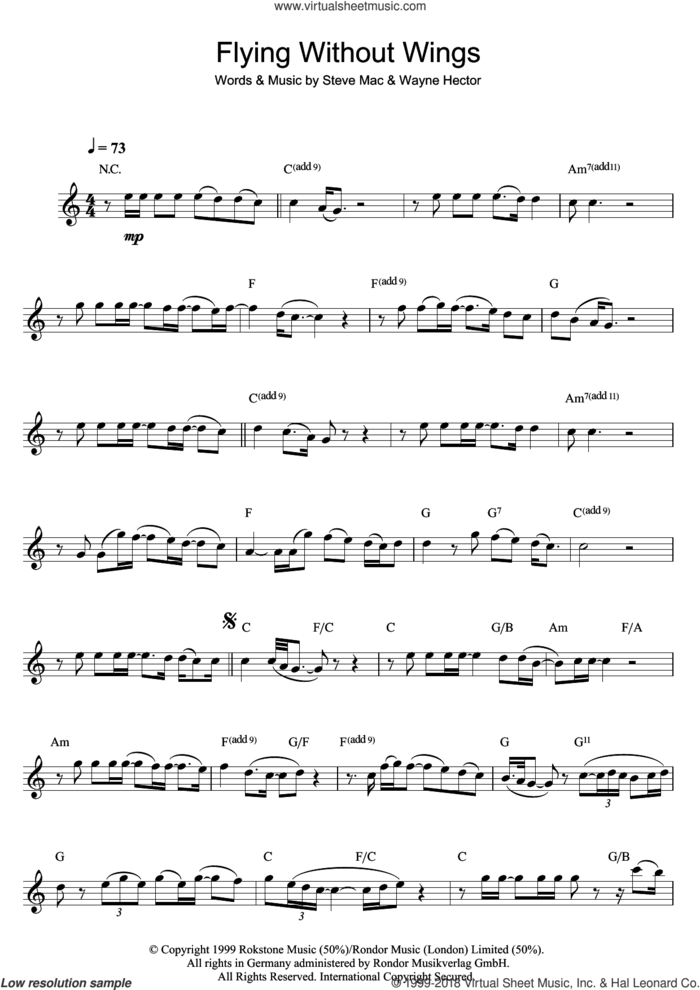 Flying Without Wings sheet music for flute solo by Westlife, Steve Mac and Wayne Hector, intermediate skill level