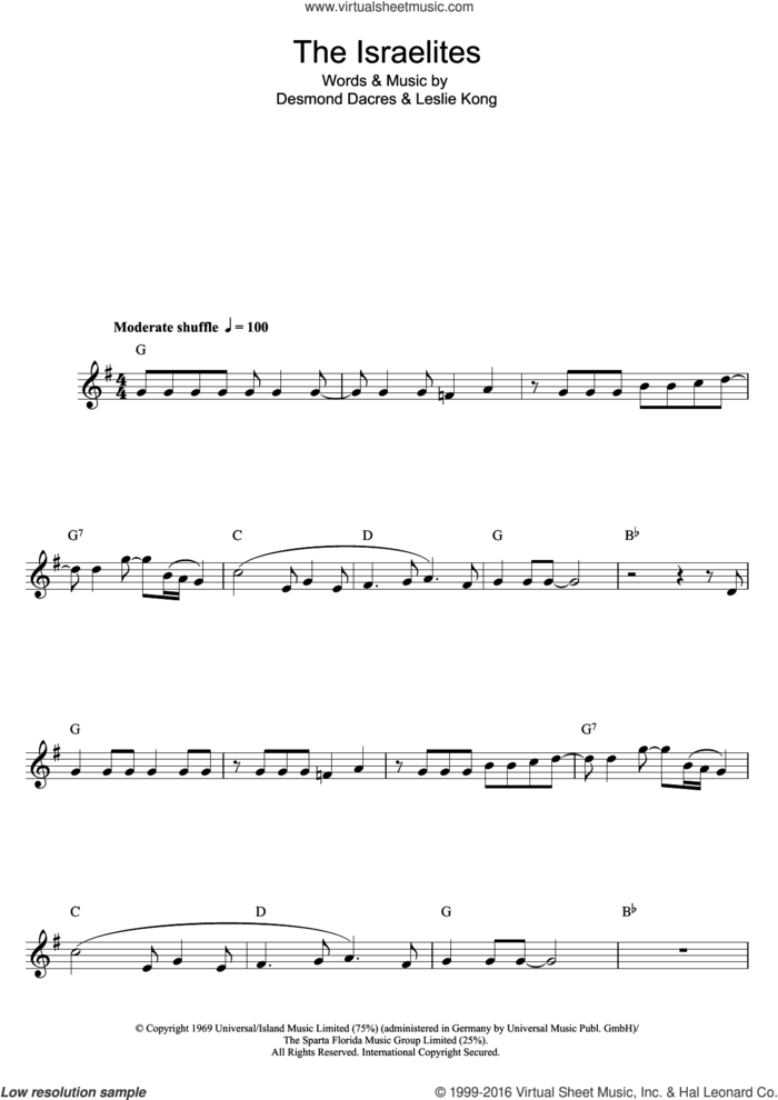 The Israelites sheet music for saxophone solo by Desmond Dekker, Desmond Dacres and Leslie Kong, intermediate skill level