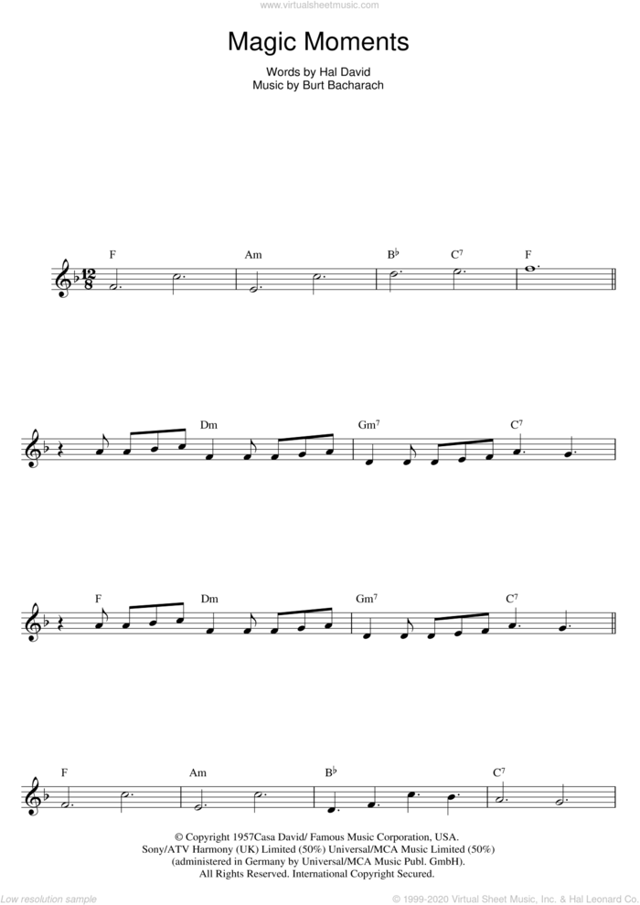 Magic Moments sheet music for flute solo by Perry Como, Burt Bacharach and Hal David, intermediate skill level